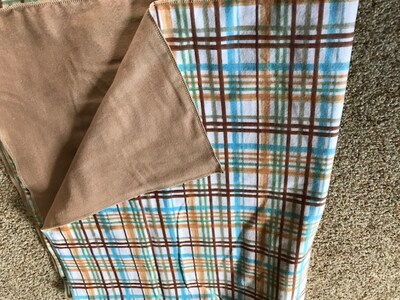 brown plaid flannel baby receiving blanket, white, blue, tan, soft, cozy, handmade - image4